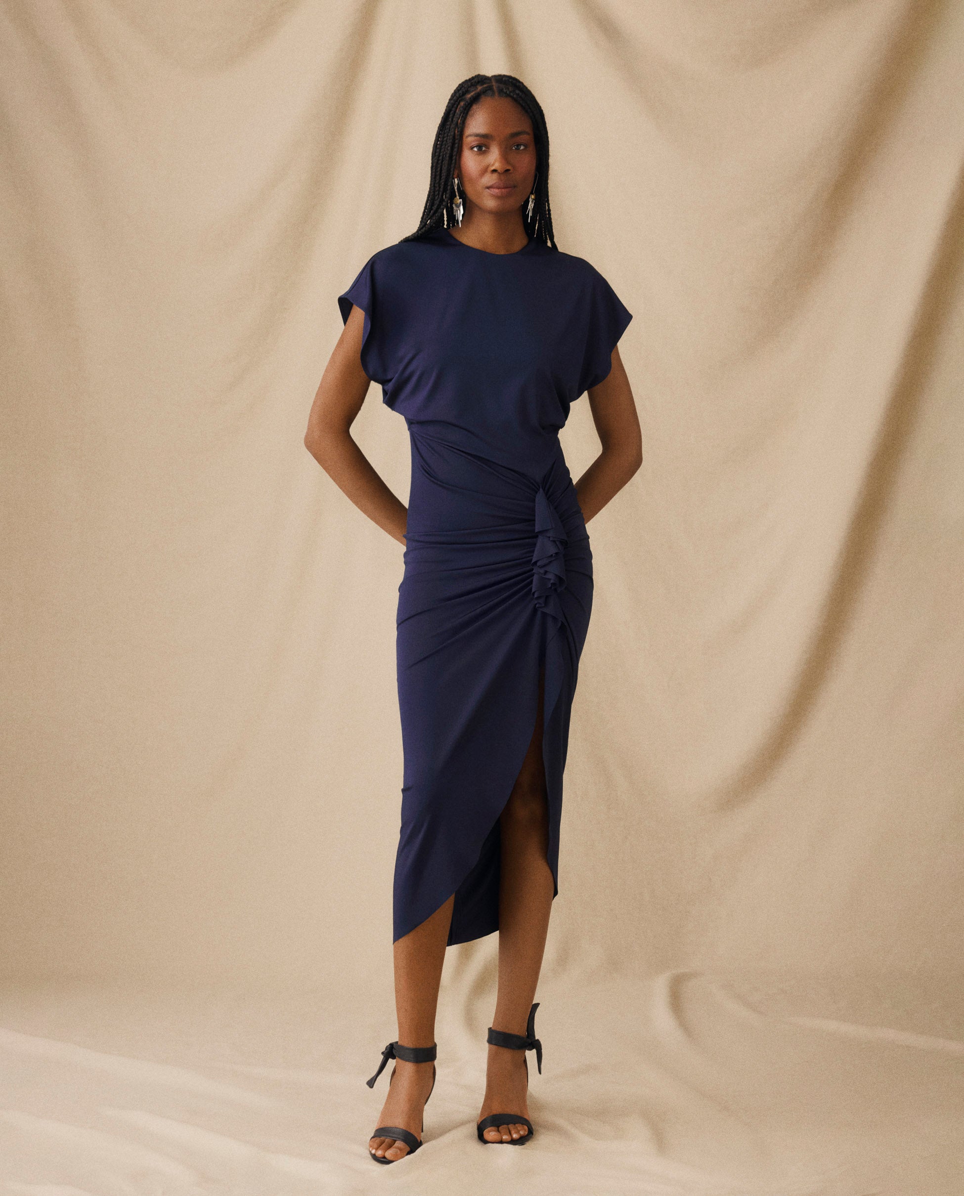 MICHAELA Navy Draped Midi Dress – shopmaksu EU