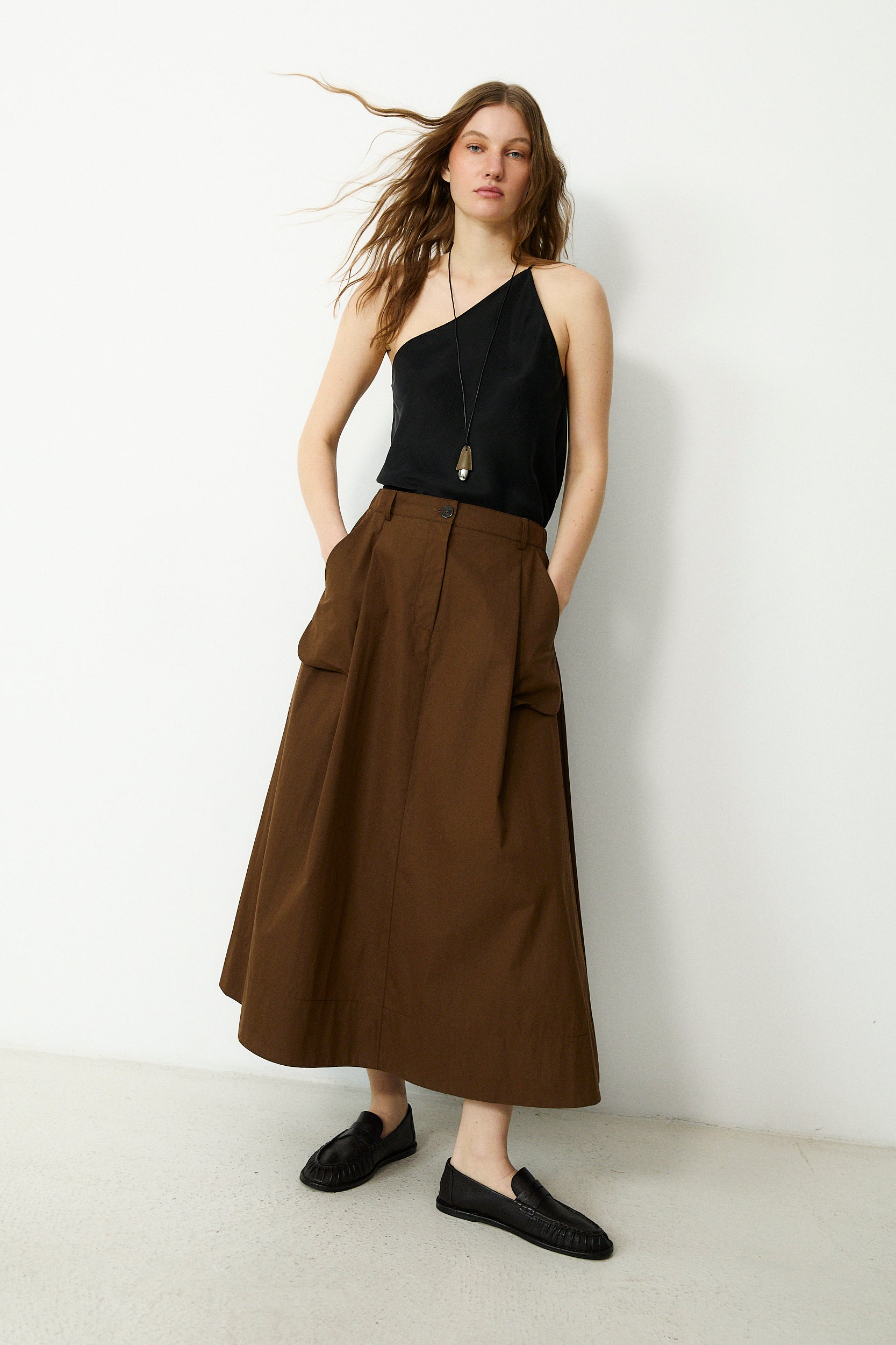 ODETTE | Brown Cotton Midi Skirt – MAKSU