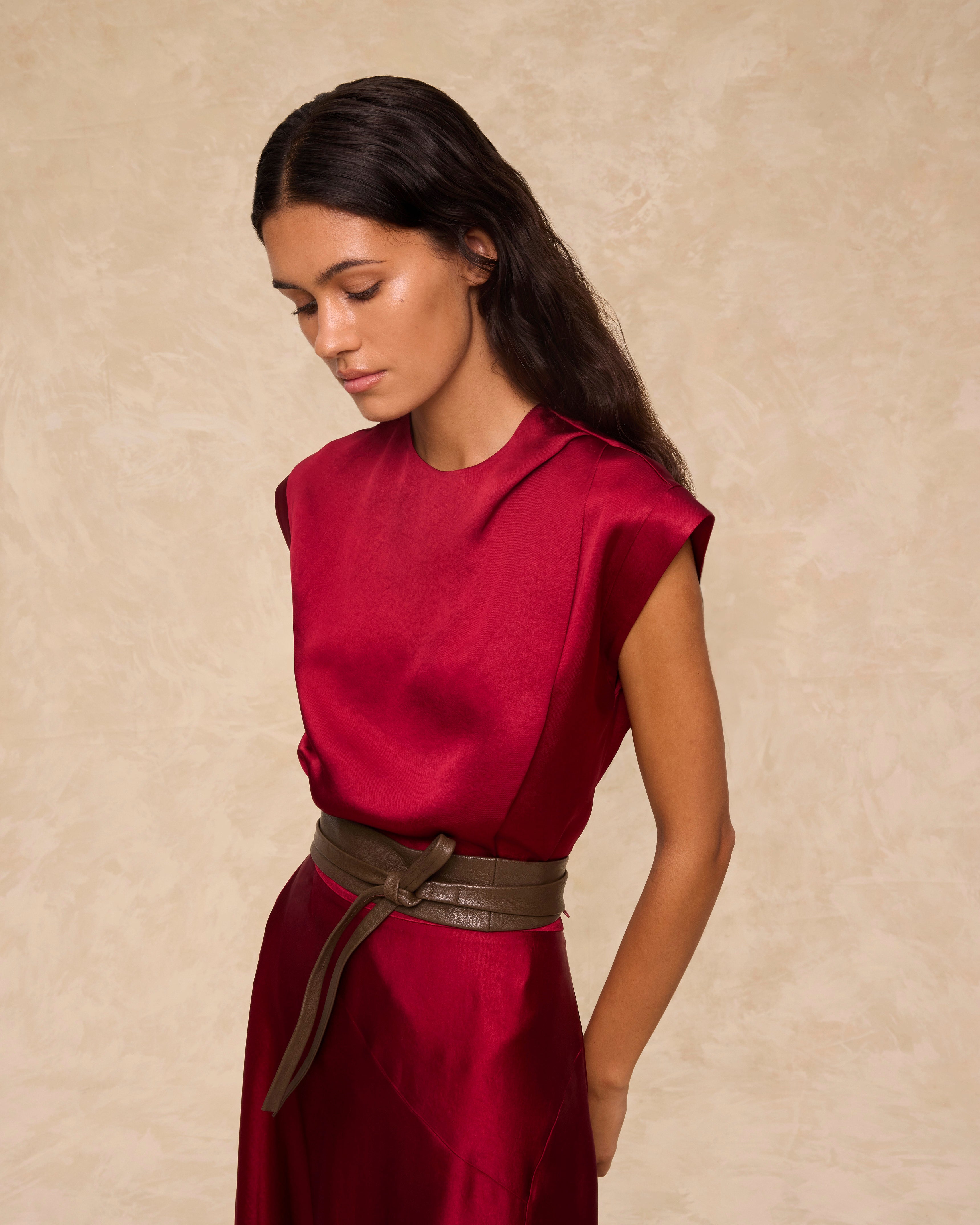 NATALIA | Claret Satin Drape Top – MAKSU