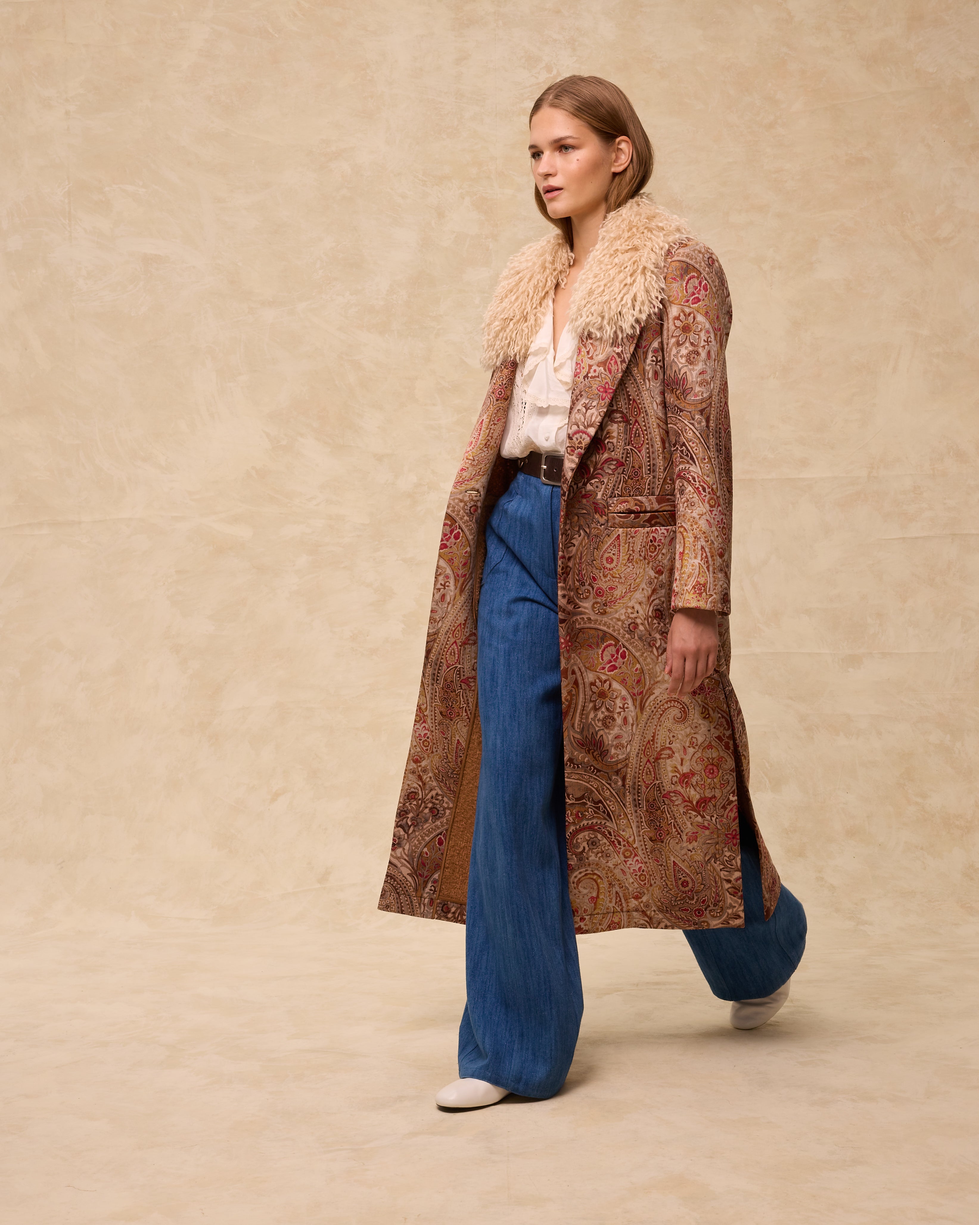 ERICA | Long Jacquard Coat with Faux Mongolian Fur Collar – MAKSU