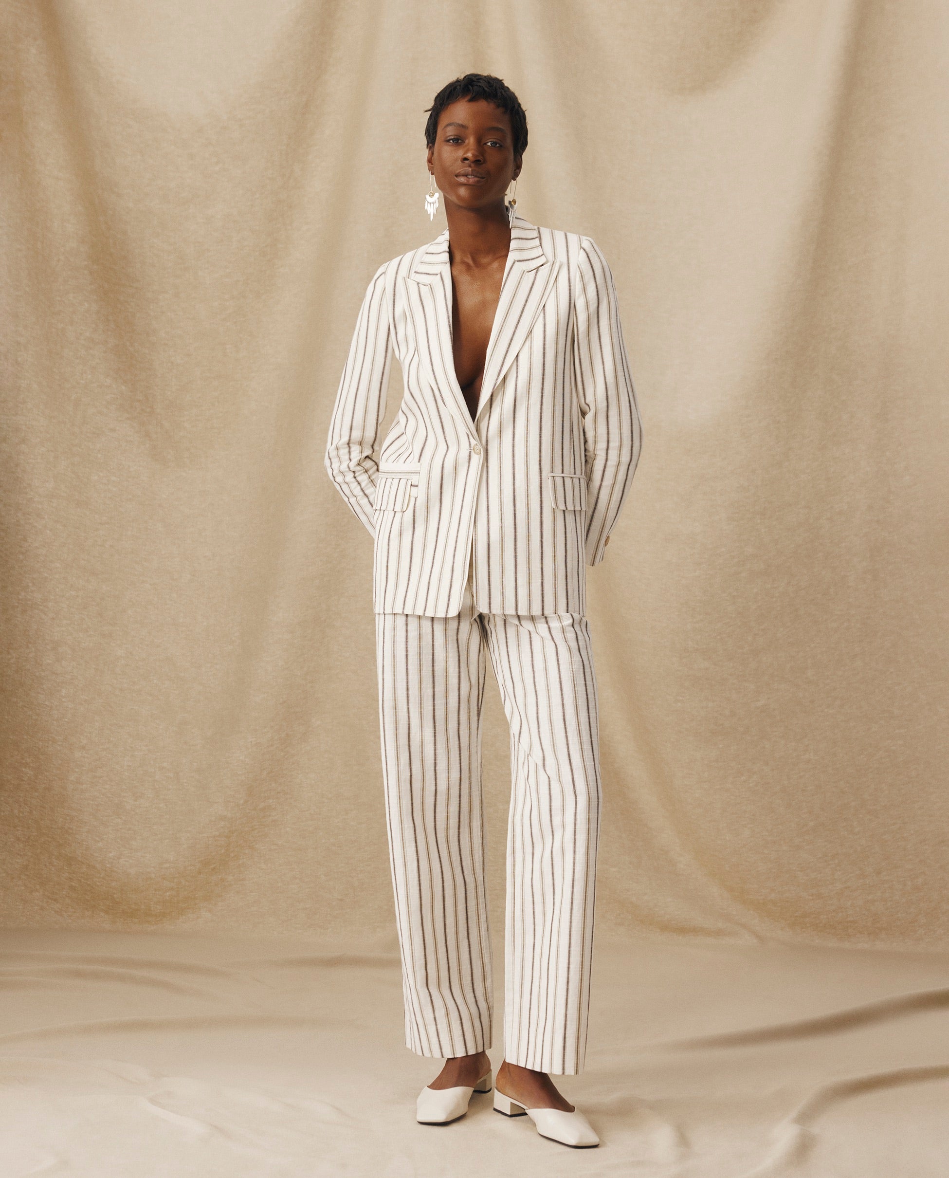 BROOKE | Ecru Subtle Stripe Structured Cotton Linen Blazer