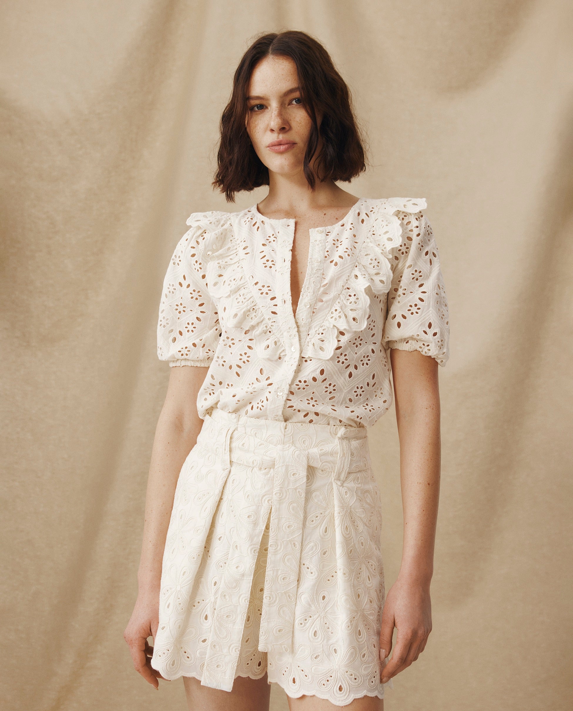 LILI Ecru Broderie Anglaise Ruffle Blouse