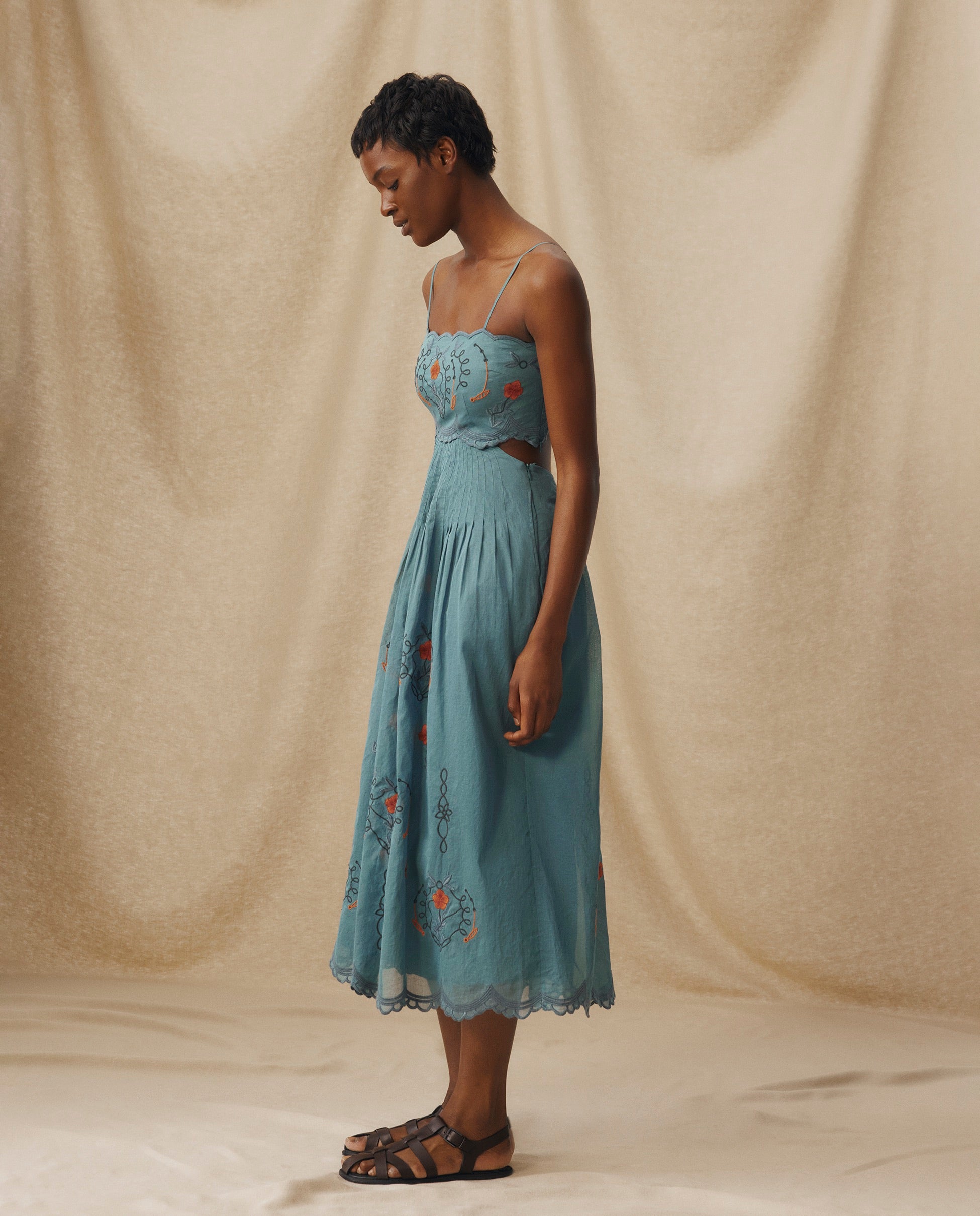 ❀ℳ's Gracy❀ Scallop Embroidery Dress EMMA | Teal Blue Floral Embroidered Cotton Midi Dress – MAKSU