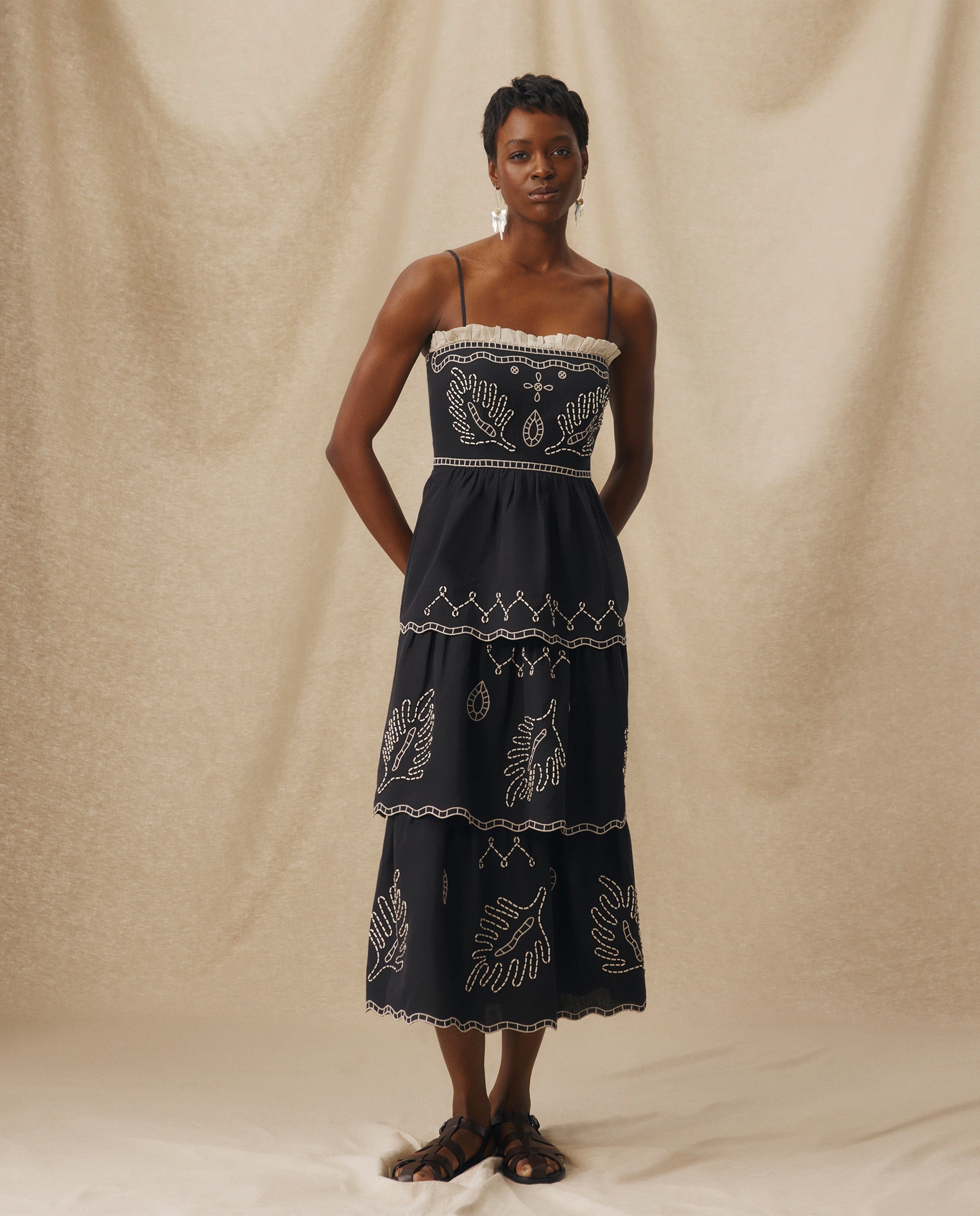 EMMA Black Embroidered Cotton Linen Tiered Midi Dress