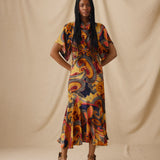 FLAVIANA | Golden Paisley Draped Midi Dress