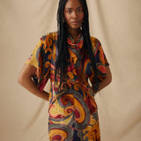 FLAVIANA | Golden Paisley Draped Midi Dress