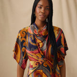 FLAVIANA | Golden Paisley Draped Midi Dress