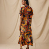 FLAVIANA | Golden Paisley Draped Midi Dress