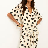 DOTTY | Ecru Ink Spot Wrap Long Dress