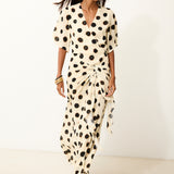 DOTTY | Ecru Ink Spot Wrap Long Dress