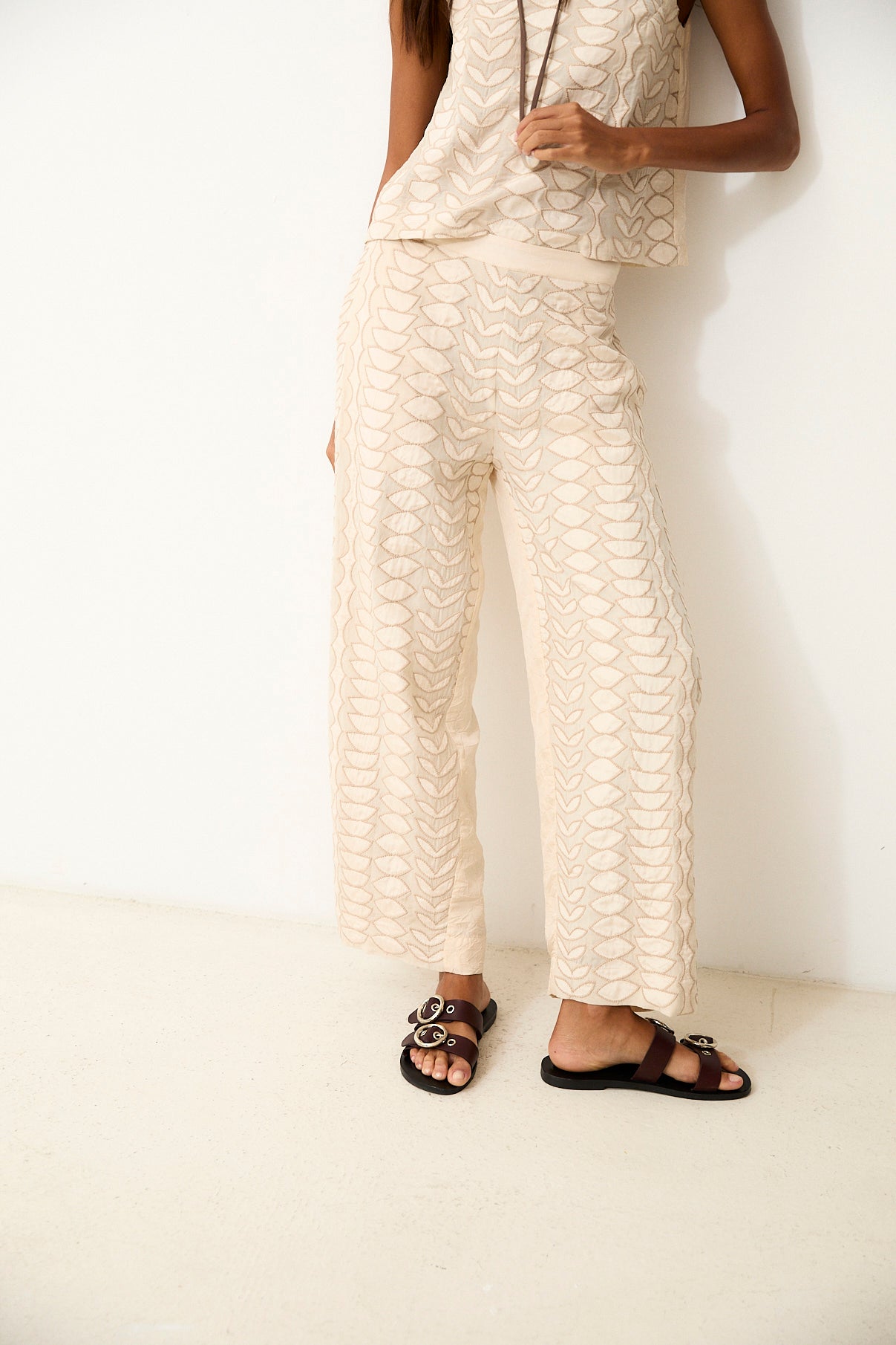 LOUISE | Ecru Cotton Trousers with Hand Embroidery
