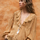 BASIL | Light Camel Ruffled Lace Blouse