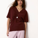 MICHAELA | Natural Silk Brown Draped Top
