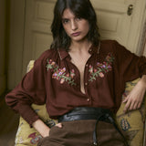 BOTANIC | Chestnut Brown Embroidered Floral Blouse