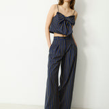 DARIA | Blue Striped Cotton Wide Leg Trousers