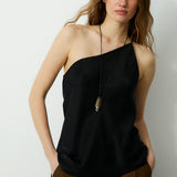 THALIA | Black Asymmetric One Shoulder Cupro Top