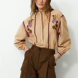 VAULT | Camel Embroidered Cotton Linen Blouse