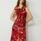 SAACHI | Vestido largo con estampado de flores en tonos rojos