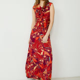 SAACHI | Vestido largo con estampado de flores en tonos rojos