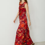 SAACHI | Vestido largo con estampado de flores en tonos rojos