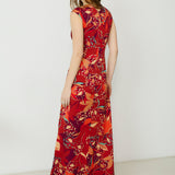 SAACHI | Vestido largo con estampado de flores en tonos rojos