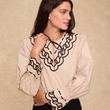 BRUNELLA | Light Camel Embroidered Cotton Blouse