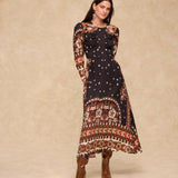 DELPHINE | Black Paisley Floral Print Midi Dress