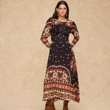 DELPHINE | Black Paisley Floral Print Midi Dress