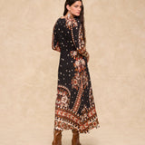 DELPHINE | Black Paisley Floral Print Midi Dress