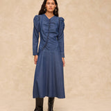 SIENNA | Indigo Blue Ruched Cotton Midi Dress