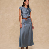 NATALIA | Steel Satin Midi Skirt