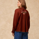 BOTANIC | Chestnut Brown Embroidered Floral Blouse