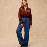 BOTANIC | Chestnut Brown Embroidered Floral Blouse