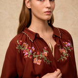 BOTANIC | Chestnut Brown Embroidered Floral Blouse