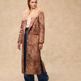 ERICA | Long Jacquard Coat with Faux Mongolian Fur Collar