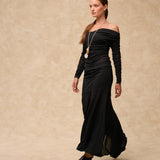 JANE | Black Draped Jersey Off-Shoulder Top