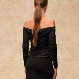JANE | Black Draped Jersey Off-Shoulder Top
