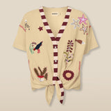 CHANDANI | Beige Floral Embroidered Tie Front Blouse