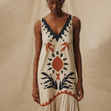 HELEN | Vestido midi de talle bajo con bordados de algodón y lino color crudo