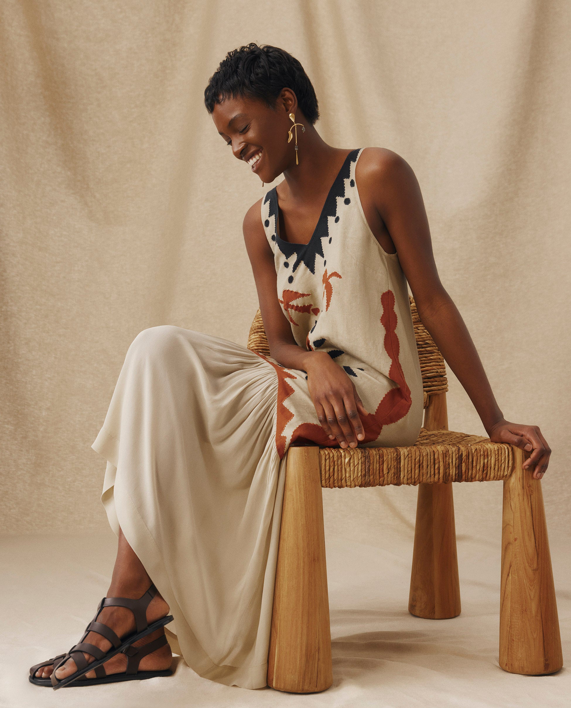 HELEN | Ecru Embroidered Drop Waist Midi Dress – MAKSU