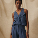 ZURI | Indigo Blue Linen Bow-Front Blouse