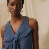 ZURI | Indigo Blue Linen Bow-Front Blouse