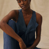 ZURI | Indigo Blue Linen Bow-Front Blouse