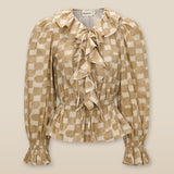 GURNOOR | Soft Brown Check Ruffle Cotton Blouse