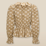 GURNOOR | Soft Brown Check Ruffle Cotton Blouse
