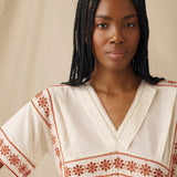 VINTAGE | Ecru & Burnt Orange Embroidered Cotton Blouse