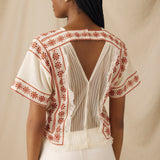 VINTAGE | Ecru & Burnt Orange Embroidered Cotton Blouse