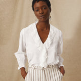 KAEYA | White Embroidered Cotton Ruffle Blouse