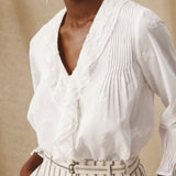 KAEYA | White Embroidered Cotton Ruffle Blouse