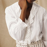 KAEYA | White Embroidered Cotton Ruffle Blouse